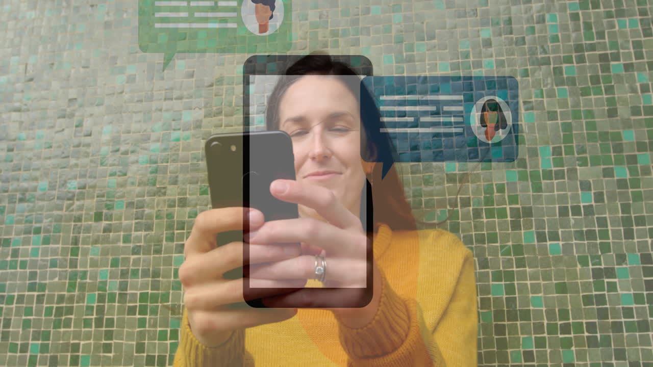 Using smartphone, person receiving social media notifications with animation overlay