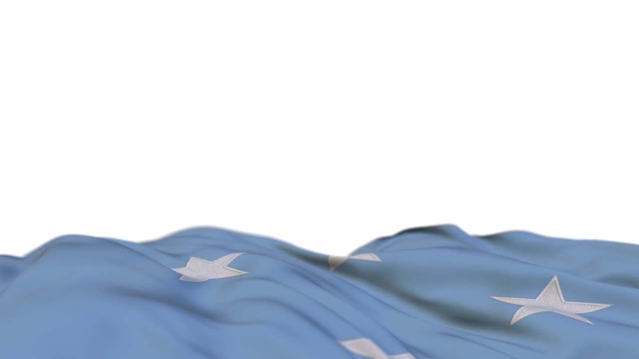 estados federados de micronesia fabricaron una bandera ondeando en el bucle del viento. estados federado de micronesia bordado costurado estandarte de tela balanceándose en la brisa. fondo blanco medio lleno. lugar para el texto. bucle de 20 segundos.