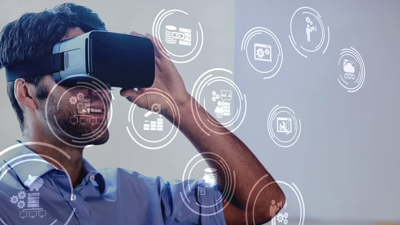 Man using VR headset with icons on screen
