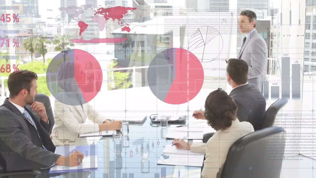 사무실에서 코카시안 사업가들에 대한 데이터 처리 애니메이션