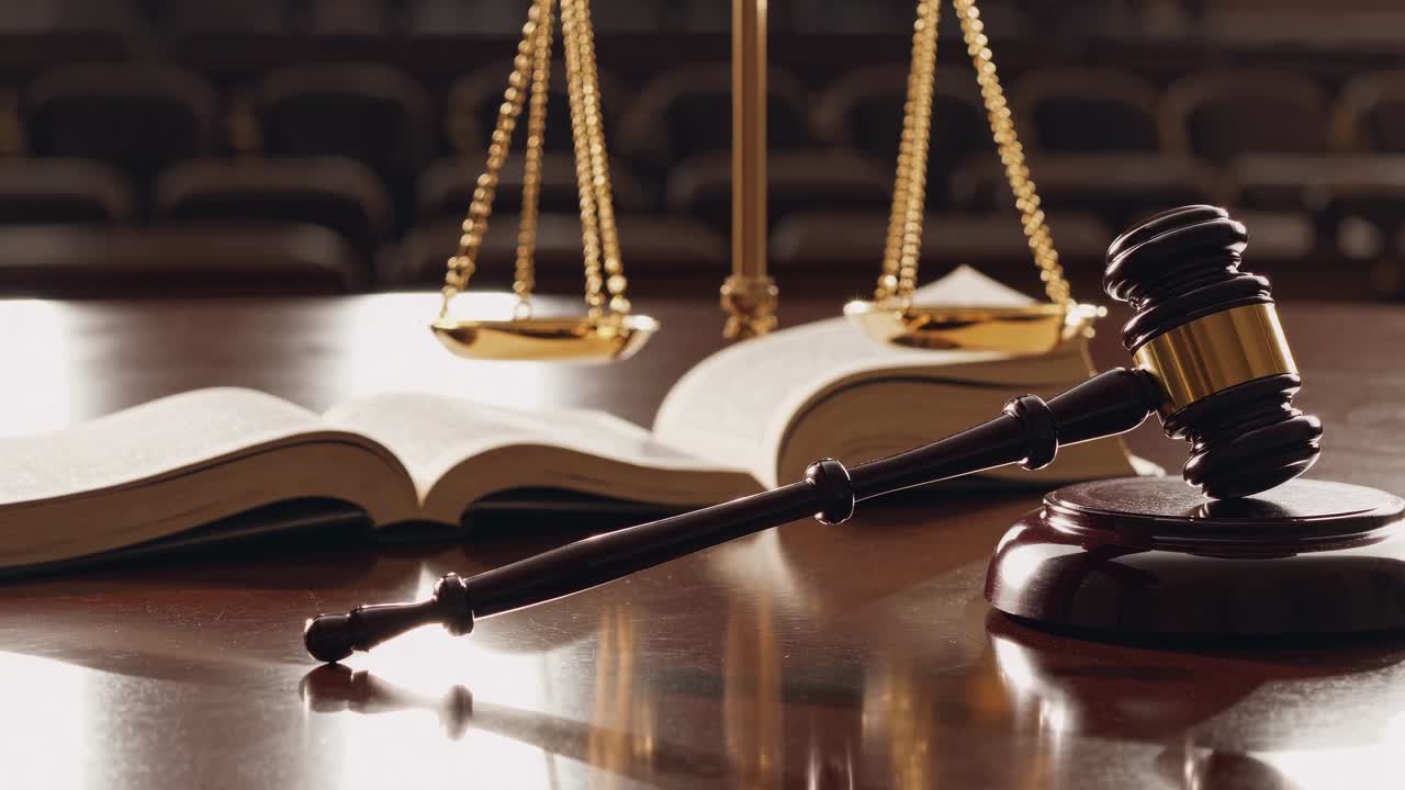 Low-angle shot of a courtroom scene with a gavel, open law books, and scales of justice