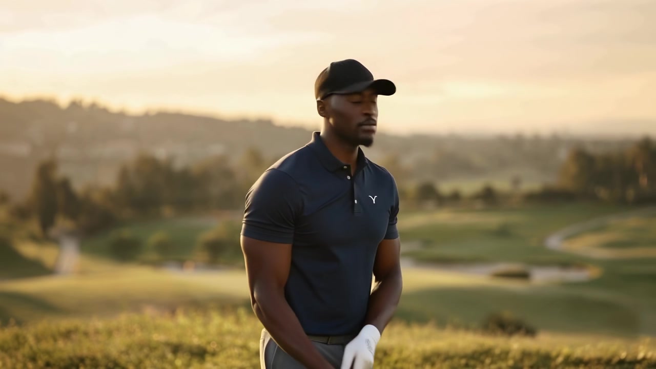 Golfista professionista che osserva la traiettoria della palla al tramonto