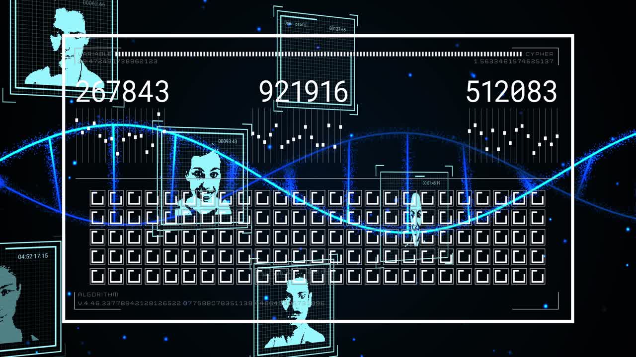 Animation of dna moving over interface with moving squares, profile pictures and changing numbers