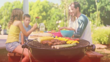 Animation-of-happy-caucasian-family-talking-and-having-bbq