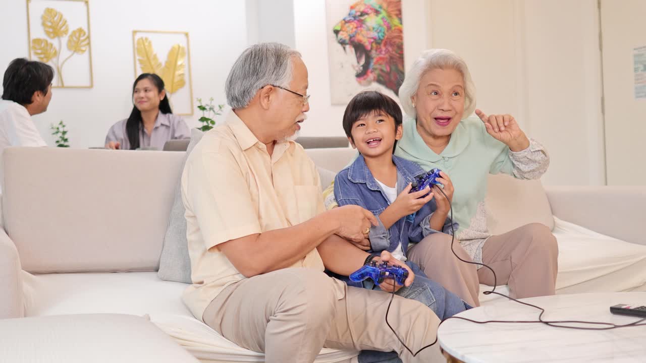 Three generations enjoy gaming together in a bright, cozy living room, fostering connection and joy