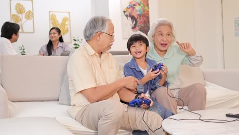 three generations enjoy gaming together in a bright, cozy living room, fostering connection and joy