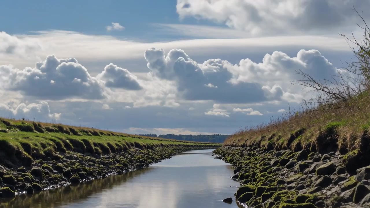 Panoramische camerabeweging toont een getijdengeul tussen bemoste oevers, met een verre horizon en wolken.