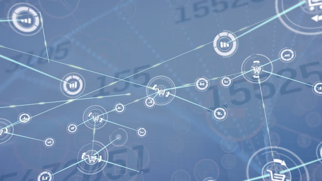 animación de la red de conexiones con iconos sobre números en fondo azul