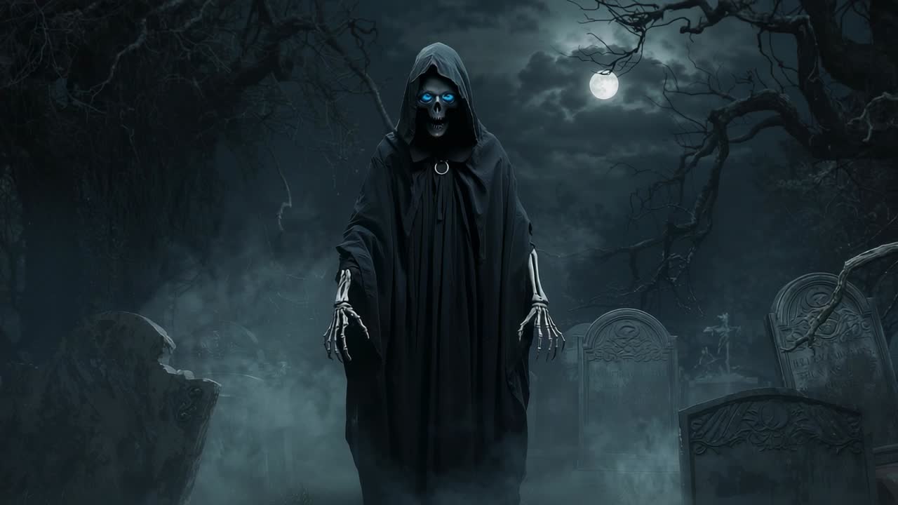 Standing skeletal figure responding to full moonlight in foggy graveyard, with tombstones and tree