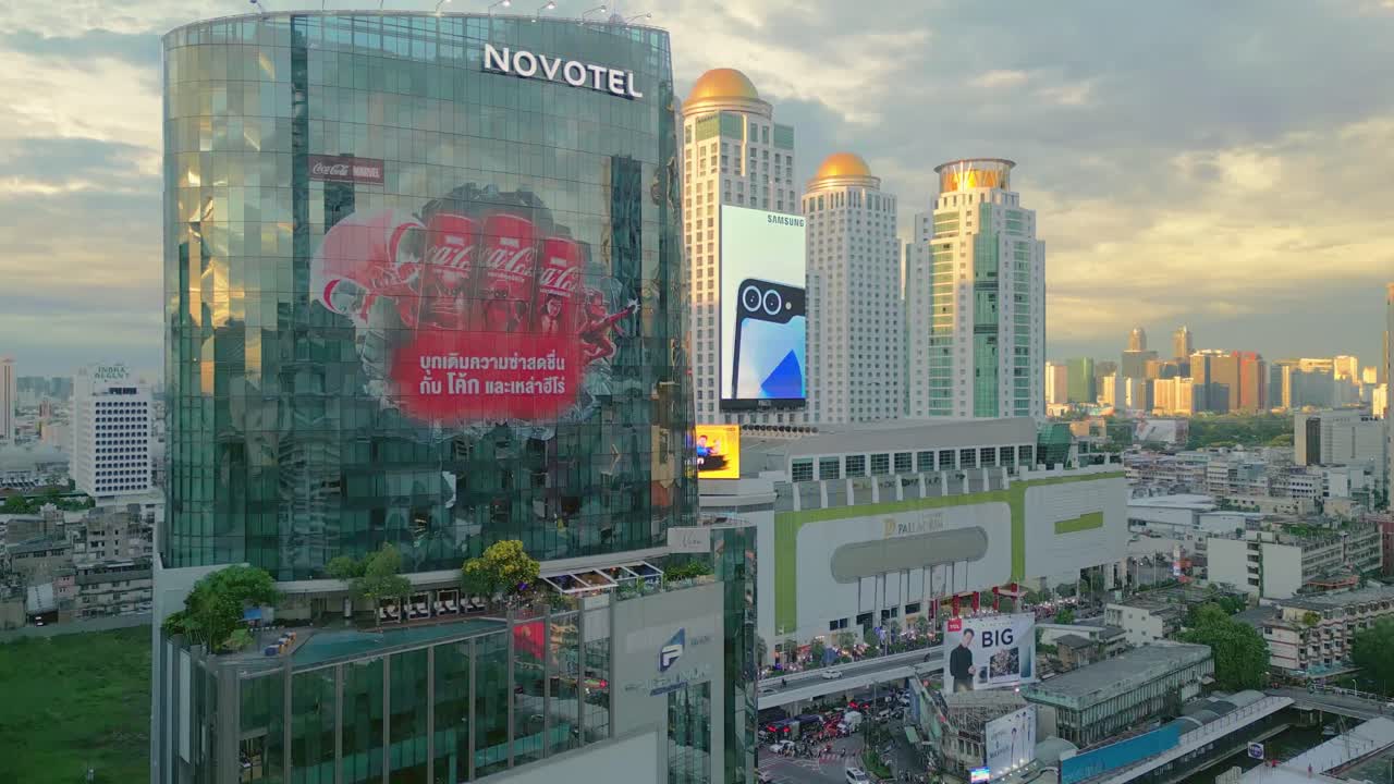 Closeup Aerial of Glass Skyscrapers 3 towers of Highrise Bangkok Buildings City at Business area