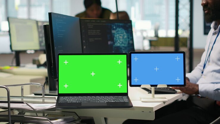 Softwareentwickler nutzt KI auf Laptop und Tablet mit isoliertem Bildschirm.
