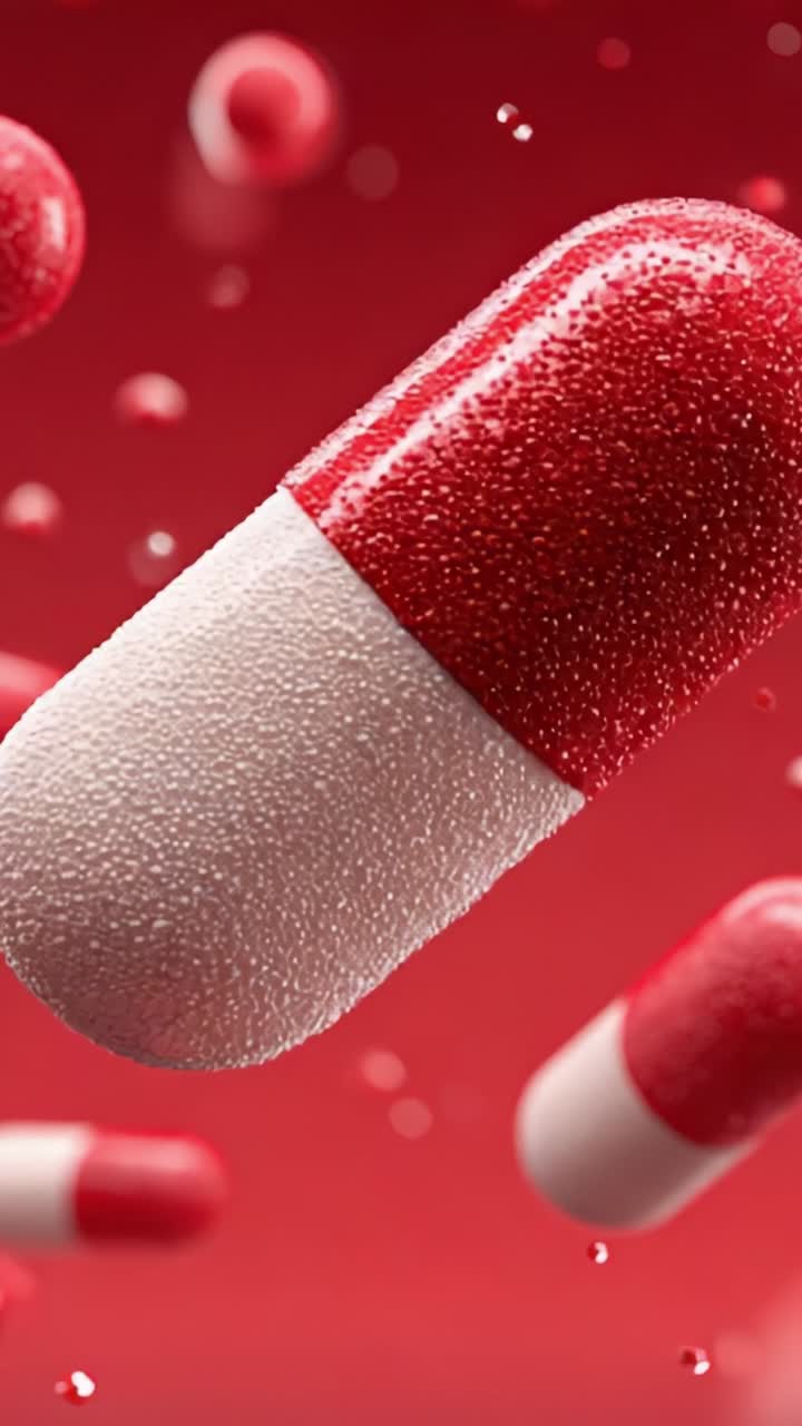 Immagine dinamica di una capsula in movimento su uno sfondo rosso acceso, che mette in risalto la texture e il design dei prodotti farmaceutici e il loro uso comune in ambito sanitario