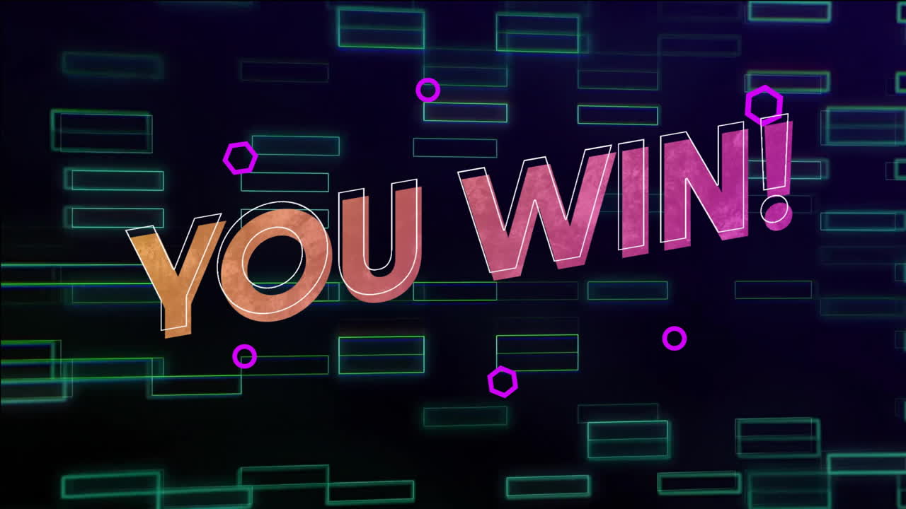 Animation of you win text over black background with shapes
