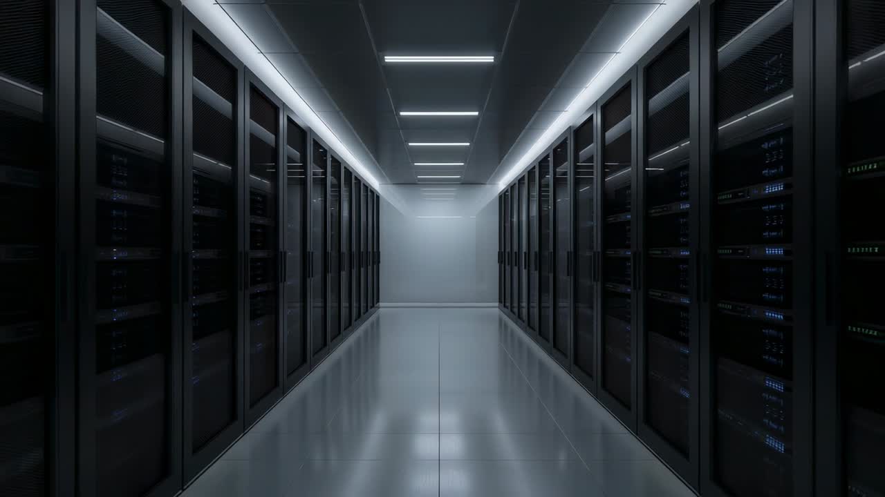 Displaying data center corridor under linear ceiling lights, with server LEDs blinking rhythmically