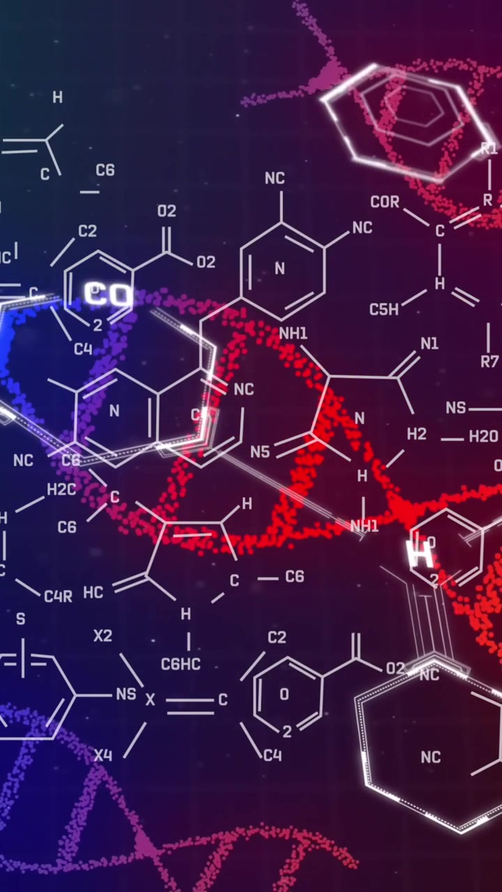 Animazione di strutture di DNA e chimiche su sfondo sfumato viola