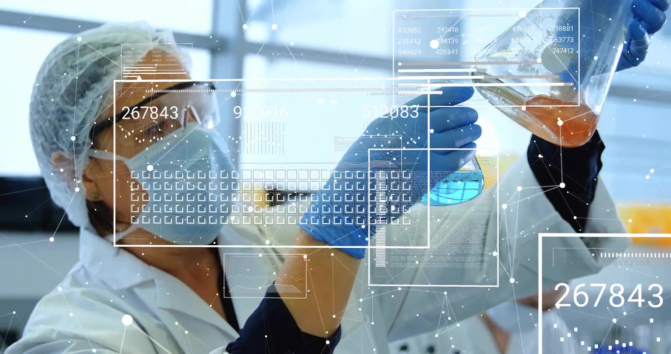 Female lab tech raising blue flask, aligning amber flask to compare liquids while AR overlays sweep
