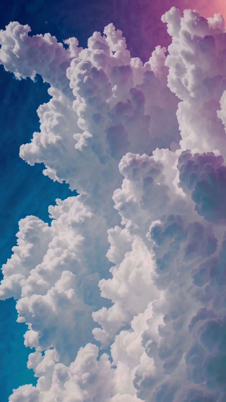 Dramatic upward angle of fluffy clouds against a deep blue sky, resembling a dreamlike video scene