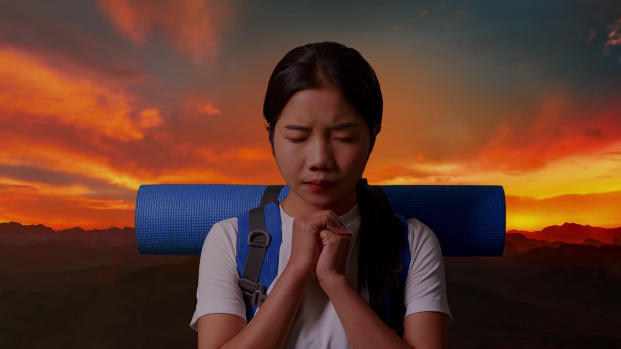 una mujer orando al atardecer en las montañas