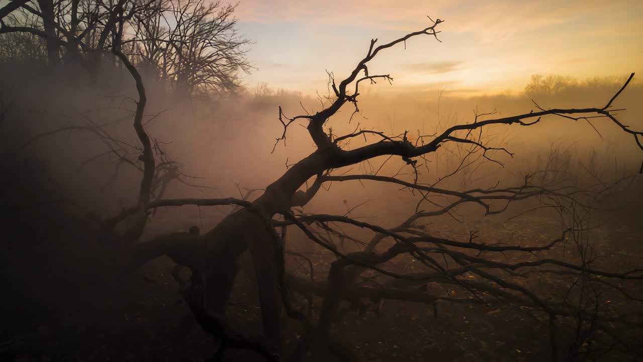 Starting camera panning right behind fallen trunk in forest clearing, revealing fog and leaf litter