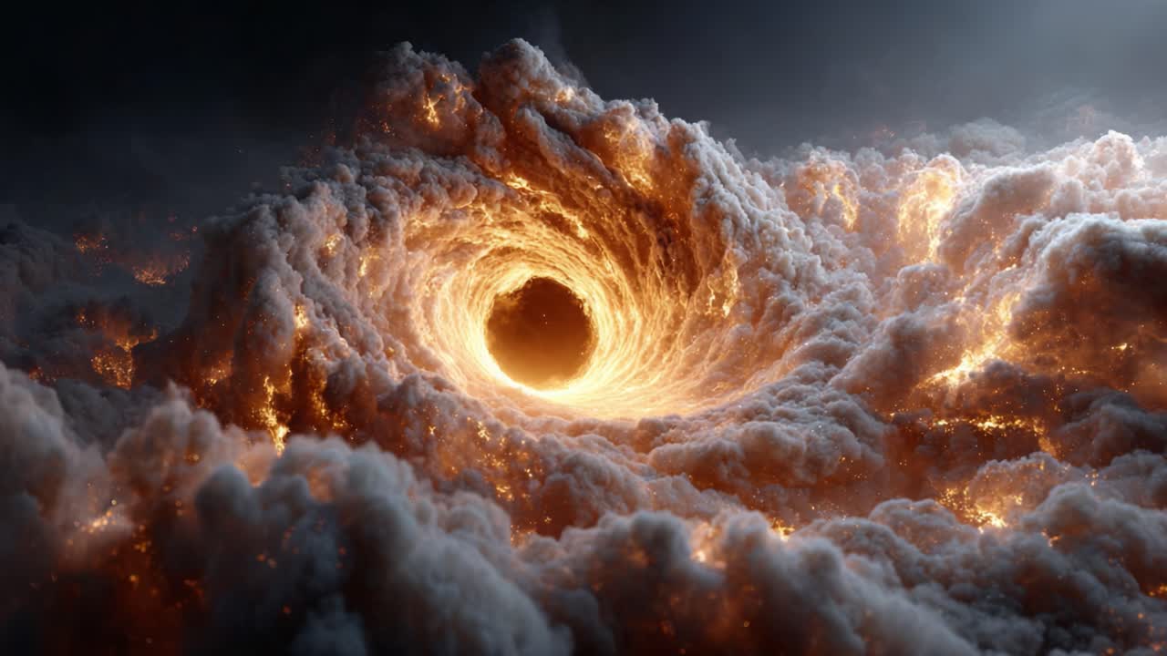 A Stunning Visual of a Fiery Vortex Swirling Amidst Dark Clouds, Radiating Ethereal Glow and Intricate Patterns of Light in an Otherworldly Phenomenon