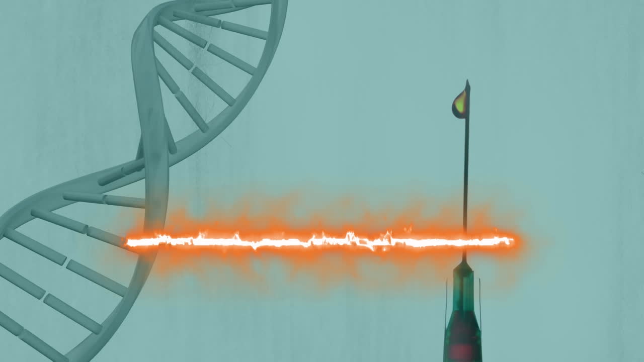 색 배경에 근육 모양 위에 회전하는 dna 가닥의 애니메이션