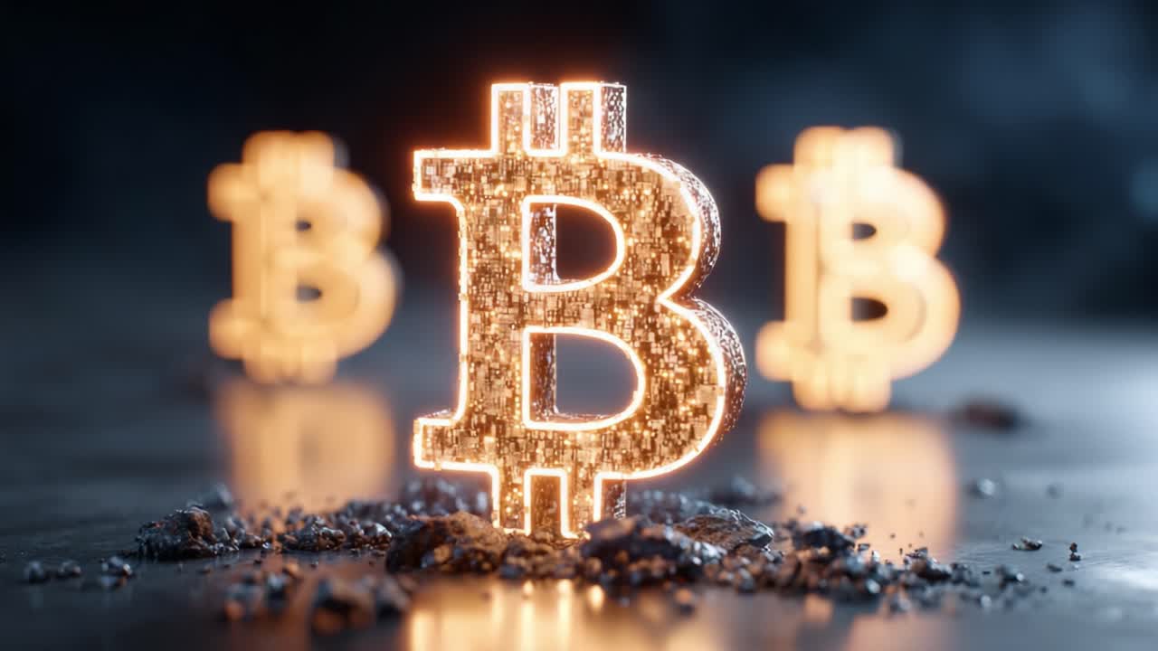 Illuminated Bitcoin Symbols Against a Dark Background, Showcasing the Intricate Design and Sparkling Texture of Cryptocurrency in a Captivating Visual