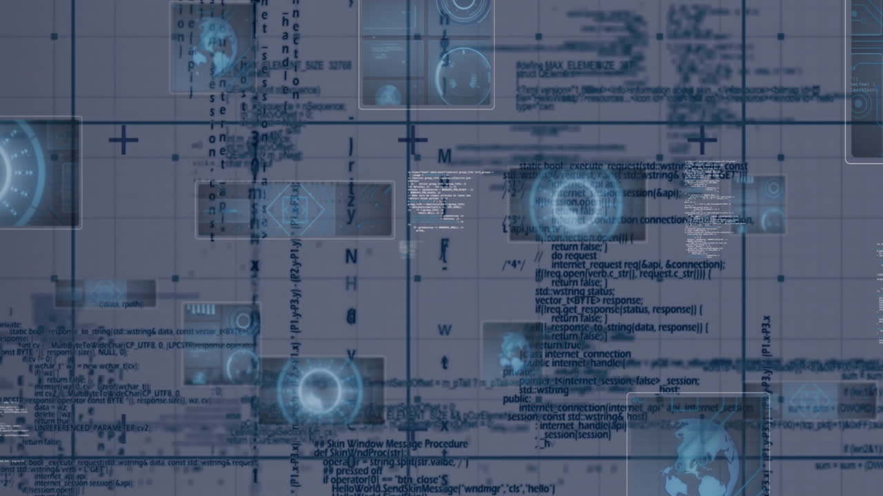 Animation of futuristic interface with digital data and code overlay in school