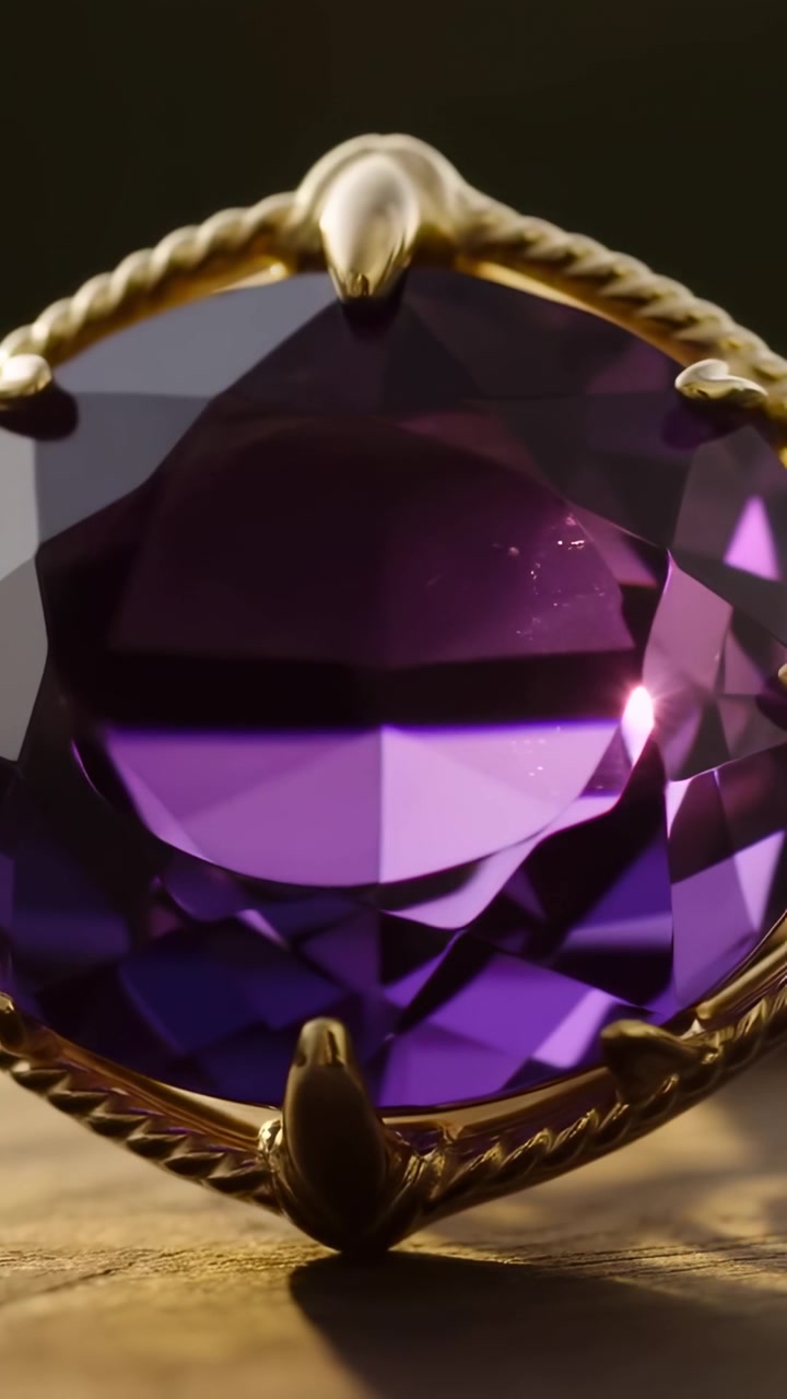 Vertical video: Shifting light causing faceted purple gem casting bright spot on gold mount on wood