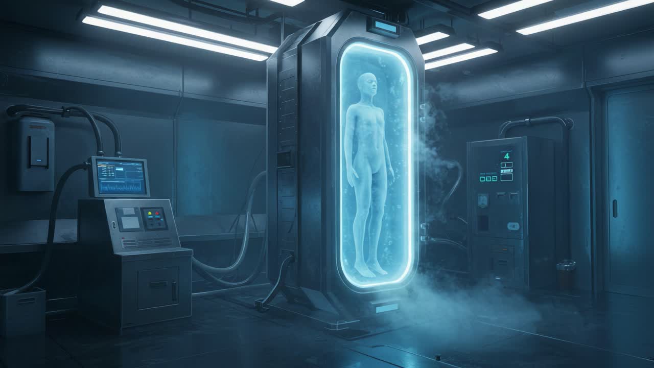 A futuristic laboratory features a sleek cryogenic chamber containing a human figure submerged in a cold mist, showcasing advanced technology and a sterile environment