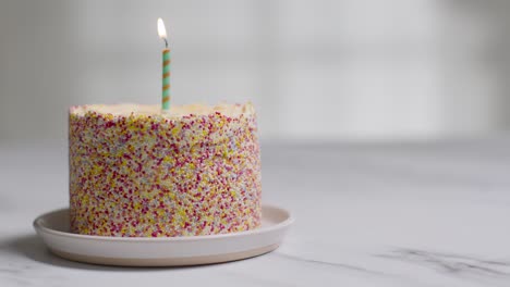 Single-Candle-Being-Lit-By-Hand-On-Studio-Shot-Of-Birthday-Cake-Covered-With-Decorations-2