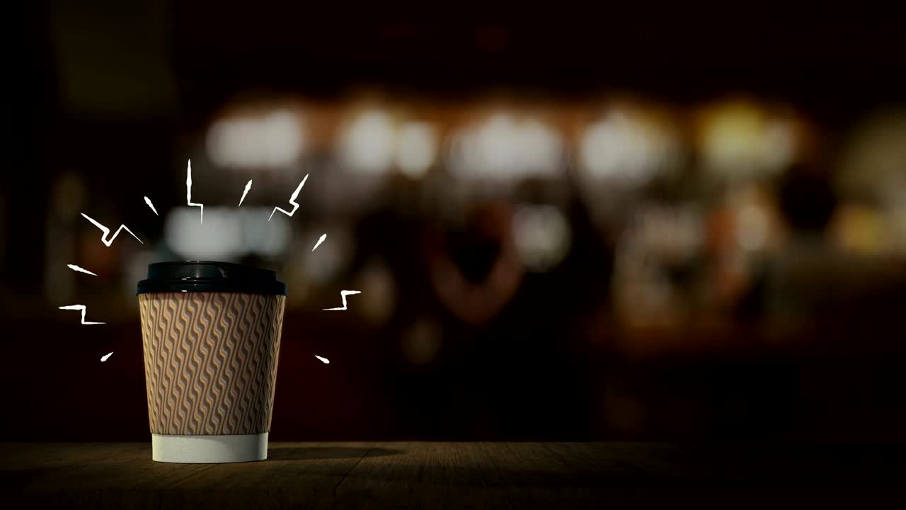 커피와 테일이있는 일회용 컵은 무한한 루프, 바 카운터, 테이블 스탠드, 모션 그래픽 라인, 카페 및 레스토랑의 광고 텍스트 제목을위한 완벽한   계획에 나타납니다.