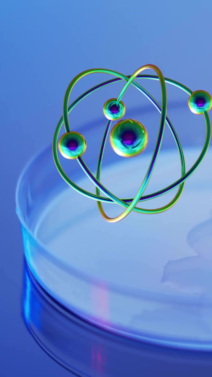 Animation of atoms over laboratory dish on blue background