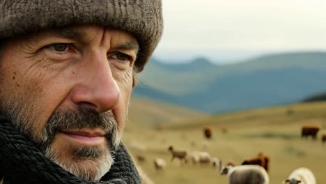 a man wearing a hat and a beard, looking intently at the camera, with a flock of sheep in the background