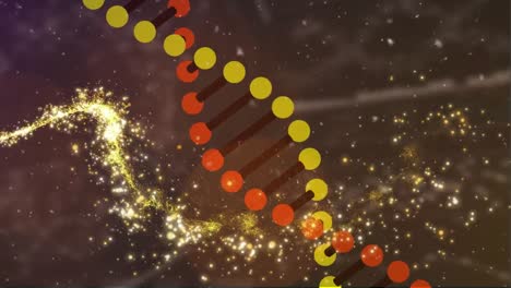 Animation-of-dna-chain-rotating-over-brown-background-with-lights