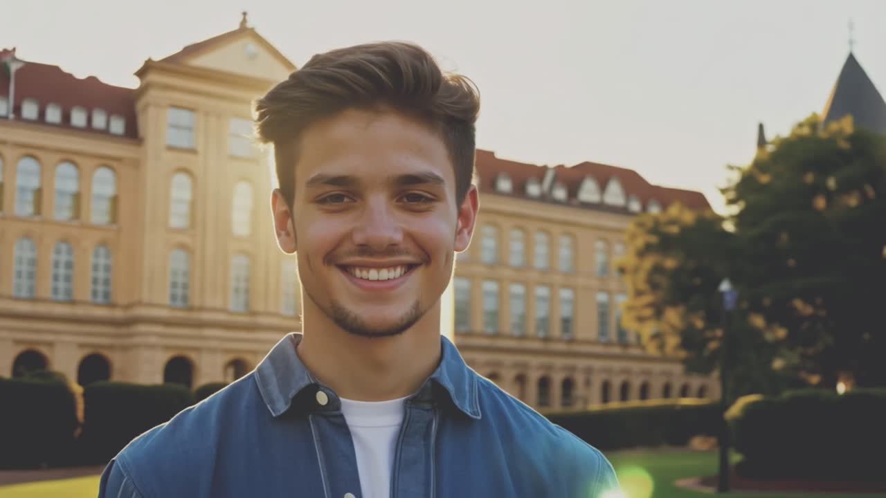 Portrait of a Smiling Man in Front of a University Building
