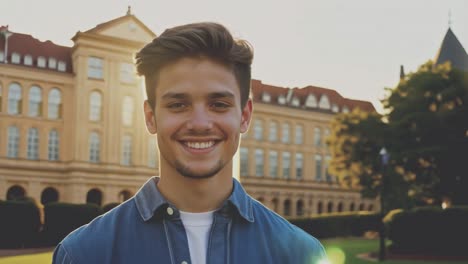 portrait of a smiling man in front of a university building