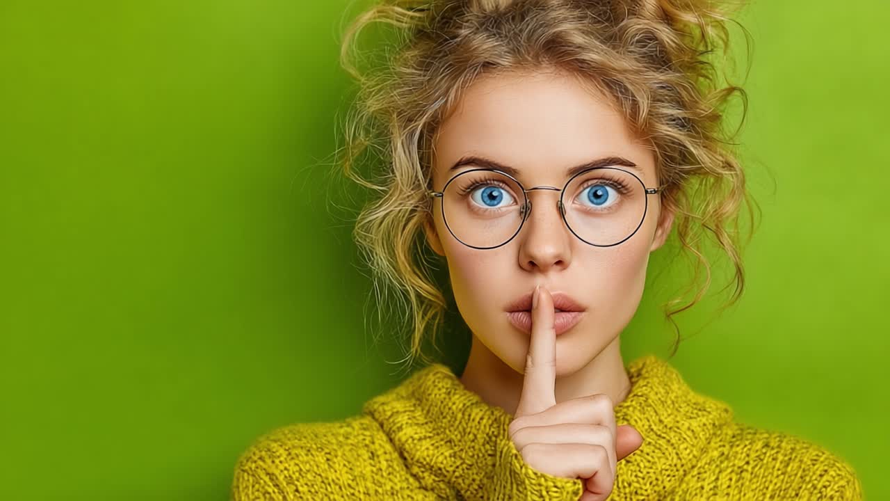 Una mujer joven con cabello rizado y gafas posando contra un fondo verde, haciendo un gesto de silencio con el dedo en los labios, enfatizando un ambiente tranquilo o enigmático
