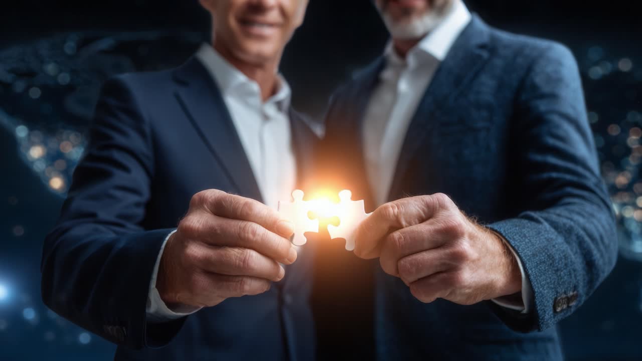 Collaboration in Action: Two Individuals Connecting Puzzle Pieces, Symbolizing Partnership and Innovation Against a Nighttime Global Skyline