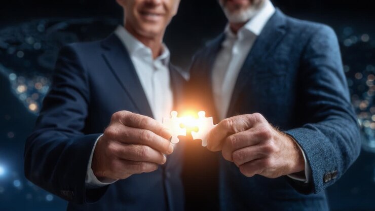 Samarbejde i aktion: To personer, der forbinder puslespilsbrikker, symboliserer partnerskab og innovation mod en global nattehimmel.