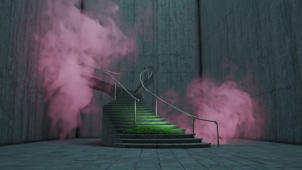 Pink Smoke Enveloping Spiral Staircase in Concrete Space