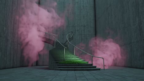 pink smoke enveloping spiral staircase in concrete space