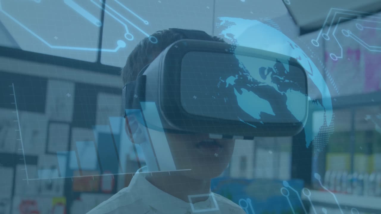 Animation of globe spinning and processor elements over schoolboy wearing vr headset