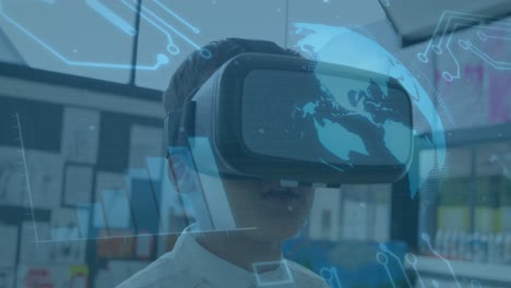 animación de la rotación del globo y elementos del procesador sobre el escolar que lleva auriculares vr