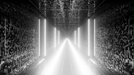 brightly lit white path in dark futuristic hall way architecture, 3d cgi rendered graphic animation