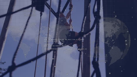 Climbing ropes, worker with world map and data animation in background