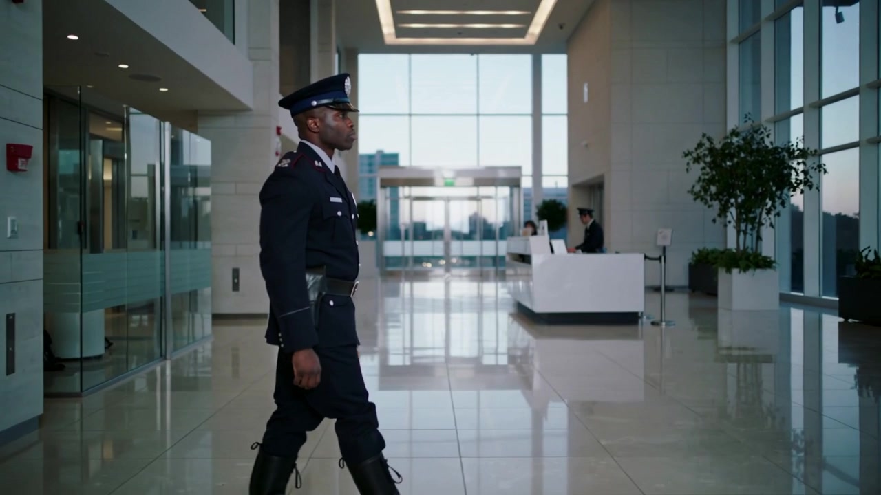 Entering from left, security guard patrolling across office lobby, passing front desk, copy space