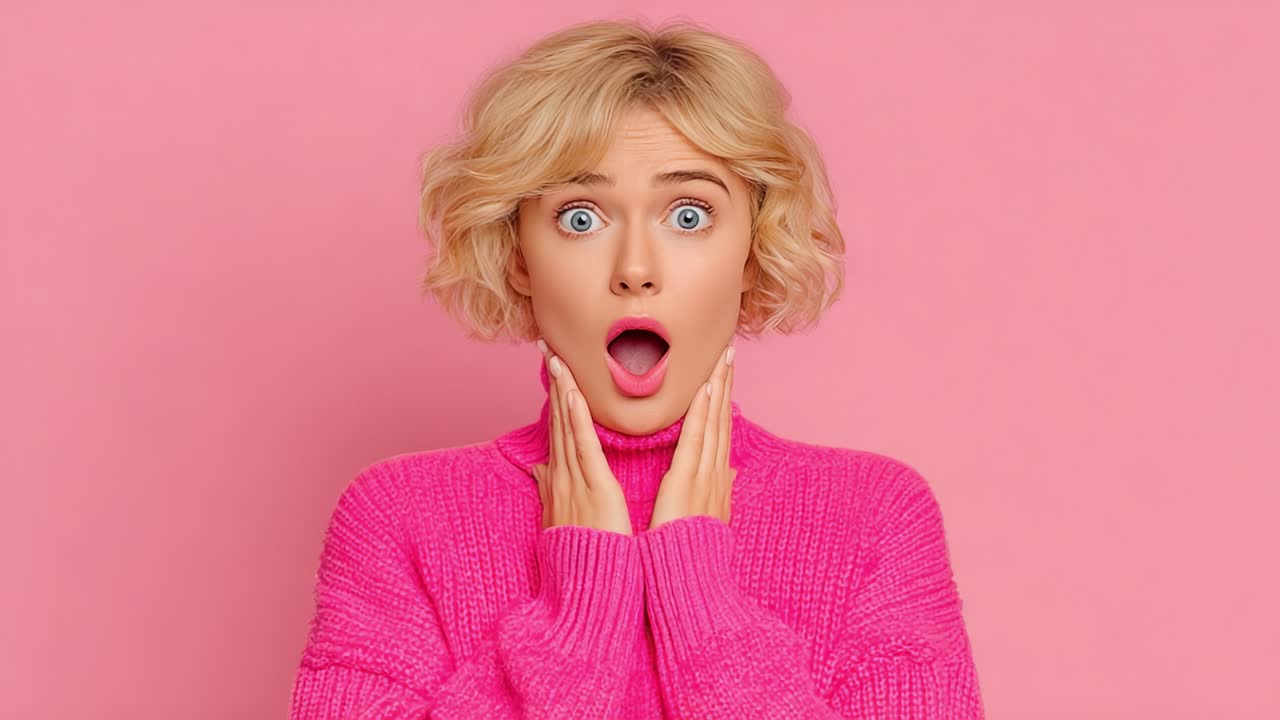 Surprised and Thoughtful Expression of a Woman in a Bright Pink Sweater Against a Pink Background Captured in Two Dynamic Frames