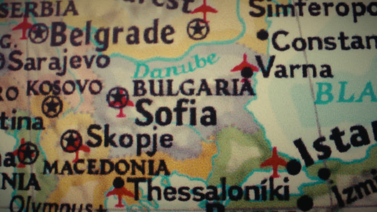 Close-up view of a map showing countries and cities in the Balkan region