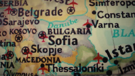 close-up view of a map showing countries and cities in the balkan region
