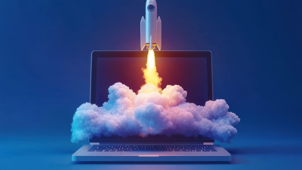 Rocket launching from laptop screen, low-angle view